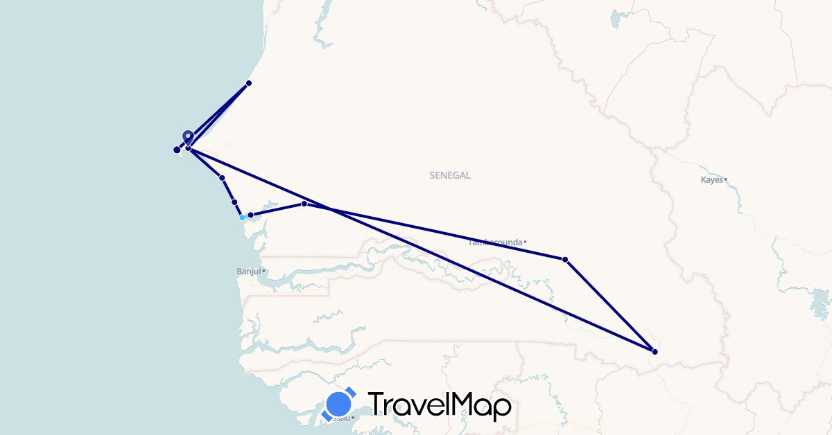 TravelMap itinerary: driving, plane, boat in Senegal (Africa)